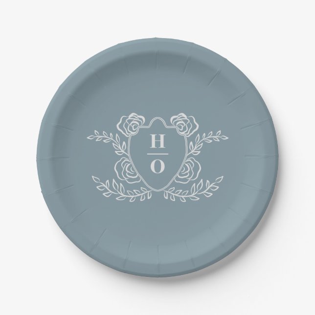 Vintage Crest Floral Monogram Wedding Paper Plate (Front)