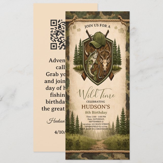 Vintage Crest Hunting and Fishing Boy birthday Invitation (Front/Back)