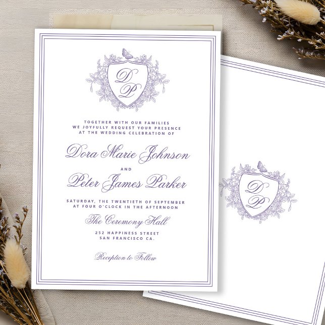 Vintage crest lavender monogram wedding invitation (Creator Uploaded)
