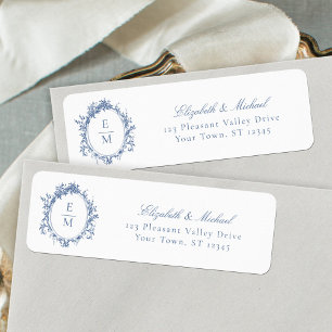 Vintage Crest Monogram Blue Wedding Return Address Label