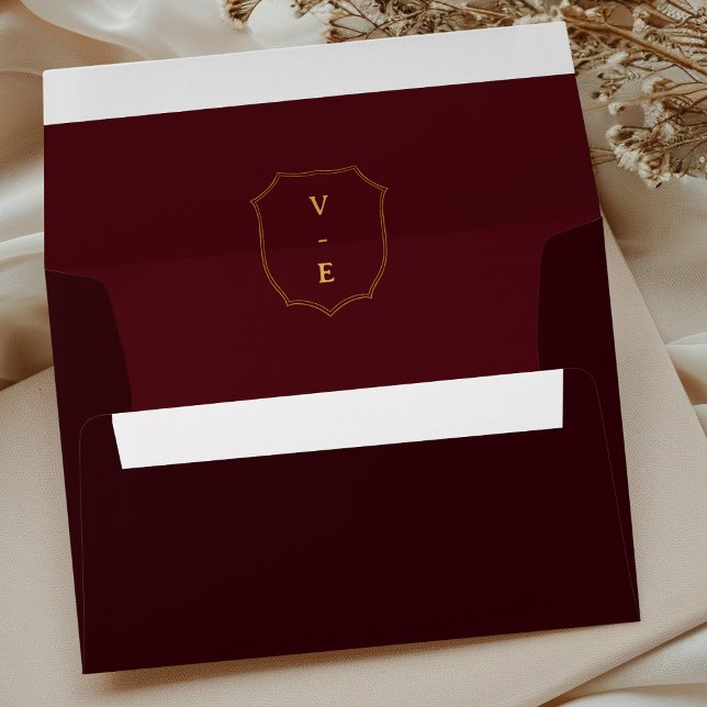 Vintage Crest Monogram Burgundy & Gold Wedding Envelope (Creator Uploaded)