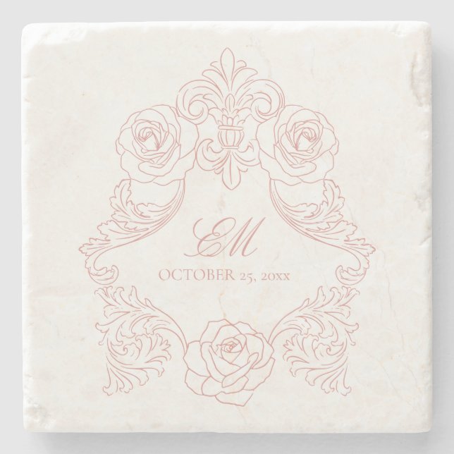 Vintage Crest Monogram Pink Wedding Logo Stone Coaster (Front)