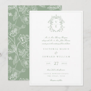 Vintage Crest Monogram Wedding Sage  Invitation