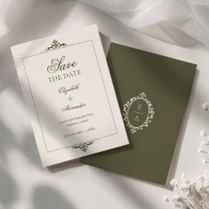 Vintage Crest Olive Green Frame Old Money Wedding Save The Date
