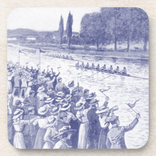 Vintage Crew Rowers Race With Many Spectators Blue Coaster