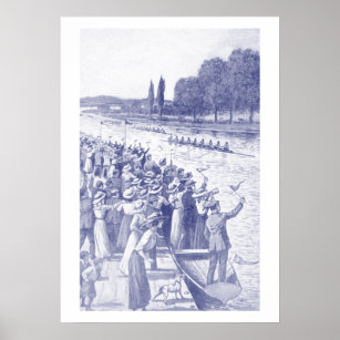 Vintage Crew Rowers Race With Many Spectators Blue Poster