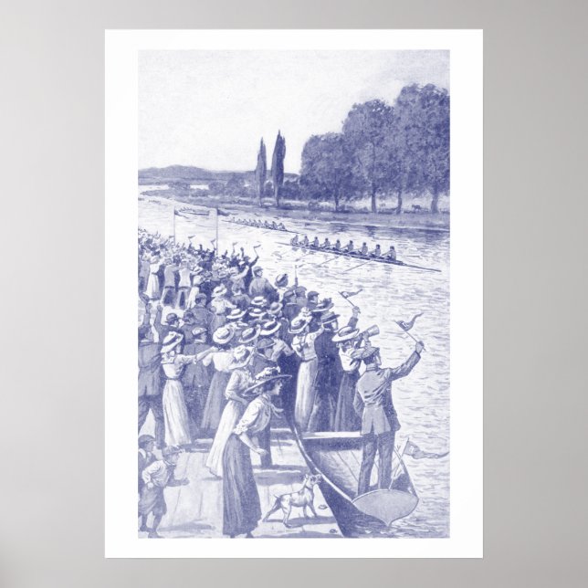 Vintage Crew Rowers Race With Many Spectators Blue Poster (Front)