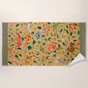 Vintage Crewel Animal Embroidery: Antique Tapestry Beach Towel
