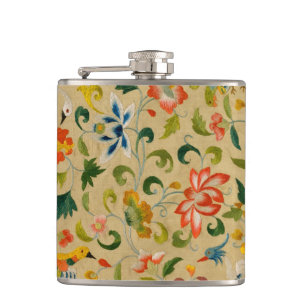 Vintage Crewel Animal Embroidery: Antique Tapestry Hip Flask