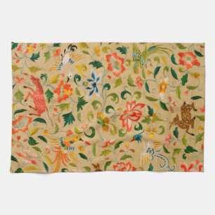 Vintage Crewel Animal Embroidery: Antique Tapestry Tea Towel
