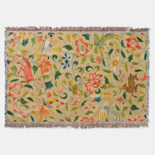 Vintage Crewel Animal Embroidery: Antique Tapestry Throw Blanket