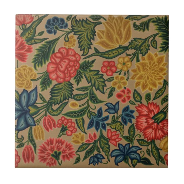 Vintage Crewel Floral Embroidery Pattern Ceramic Tile (Front)
