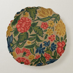 Vintage Crewel Floral Embroidery Pattern Round Cushion