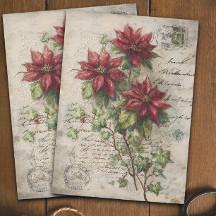 Vintage Crimson Red Poinsettia and Ivy Decoupage  Tissue Paper