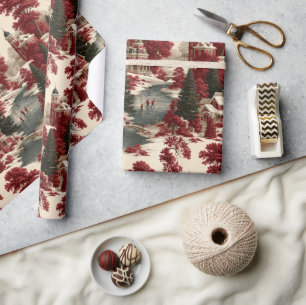 Vintage Crimson Toile de Jouy Winter Manor Wrapping Paper