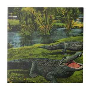 Vintage Crocodiles, Marine Life Reptiles Animals Tile