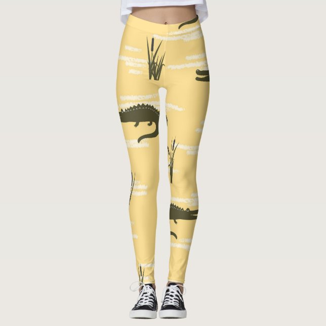 Vintage Crocodiles: Yellow Seamless Pattern Leggings (Front)
