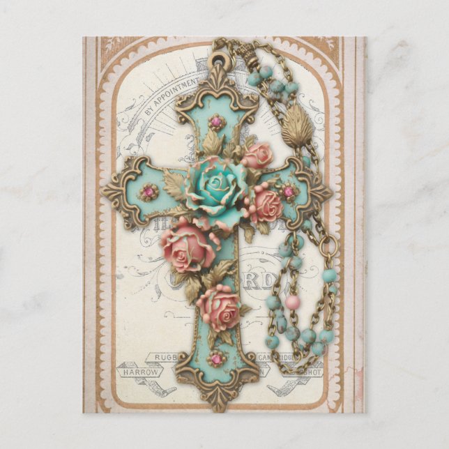 Vintage Cross and Flowers Postcard (Front)