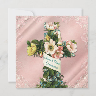 Vintage Cross Vintage Pink First Communion Invitation