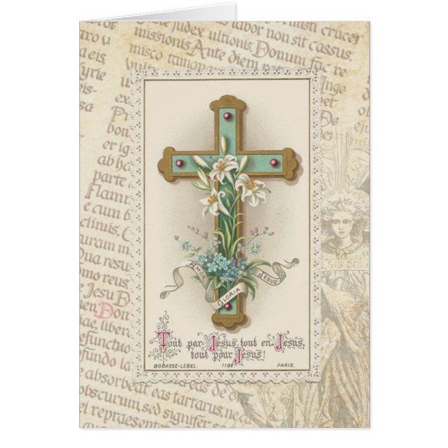 Vintage Cross with lilies Latin Text and Angel (Front)