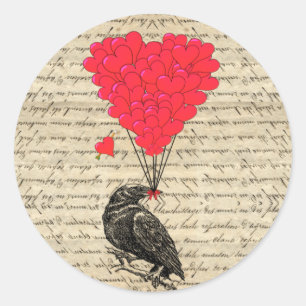 Vintage Crow and heart shaped balloons Classic Round Sticker