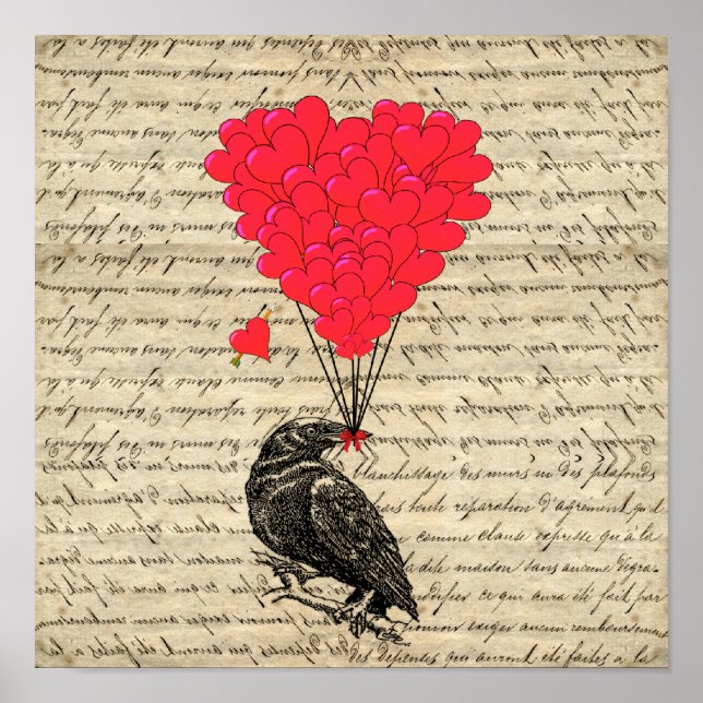 Vintage Crow and heart shaped balloons Poster (Front)