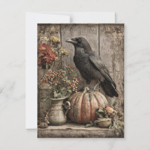 Vintage Crow and Pumpkin Still Life Postcard