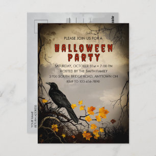 Vintage Crow & Autumn Leaves Halloween Invitation Postcard