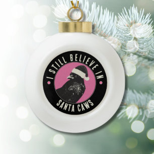 Vintage Crow Santa Caws Pink and Black Retro Ceramic Ball Christmas Ornament