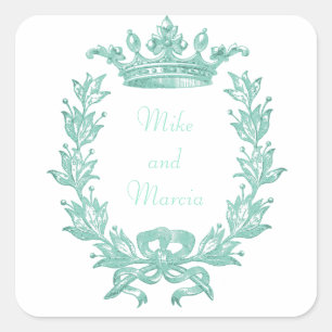 Vintage Crown and Wreath Art - Turquoise Square Sticker