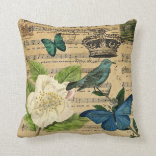 vintage crown bird Music Notes french botanical Cushion
