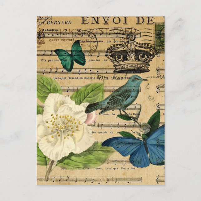 vintage crown bird Music Notes french botanical Postcard (Front)