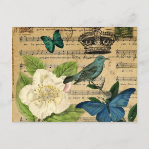 vintage crown bird Music Notes french botanical Postcard