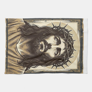Vintage Crown of Thorns Religious Portrait Tea Towel
