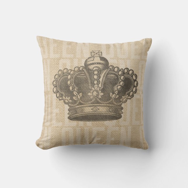 Vintage Crown on Burlap Queen Cushion (Front)