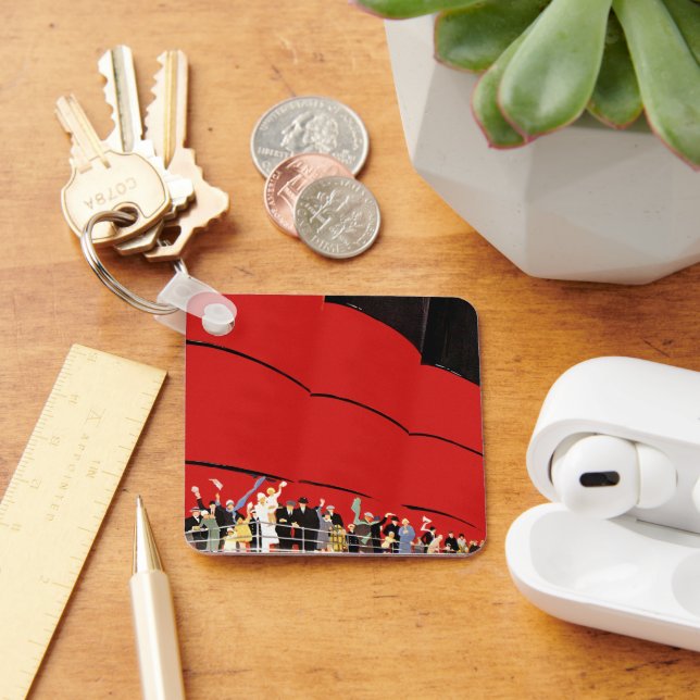 Vintage Cruise Ship Passengers Waving Goodbye Key Ring (Desk)