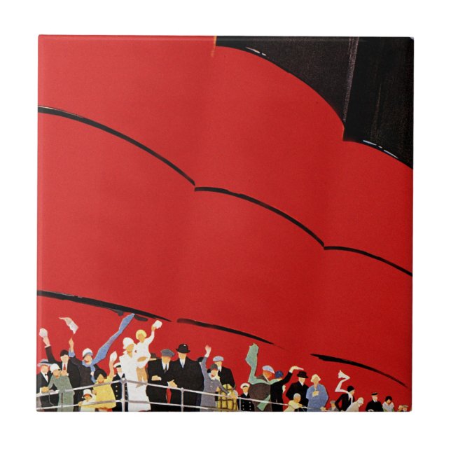 Vintage Cruise Ship Passengers Waving Goodbye Tile (Front)