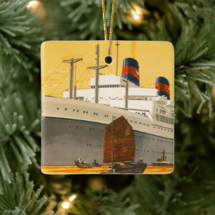 Vintage Cruise Ship to the Orient with Junks Boats Ceramic Tree Decoration