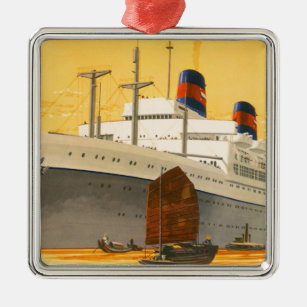 Vintage Cruise Ship to the Orient with Junks Boats Metal Tree Decoration