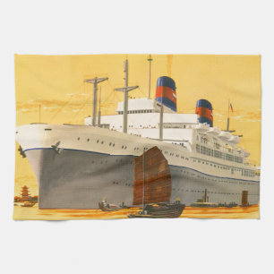 Vintage Cruise Ship to the Orient with Junks Boats Tea Towel