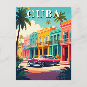 Vintage Cuba Car and Colourful Colonial Street Postcard