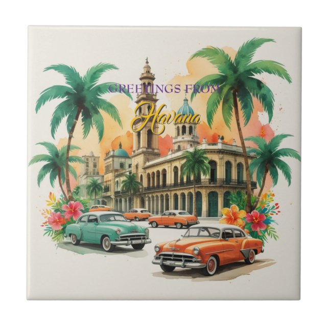 Vintage Cuba Travel - Greetings From Havana Ceramic Tile (Front)