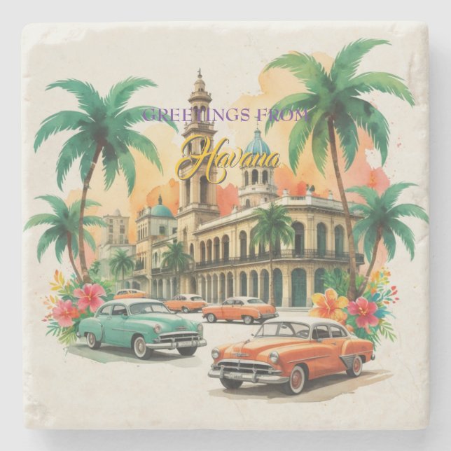 Vintage Cuba Travel - Greetings From Havana Stone Coaster (Front)