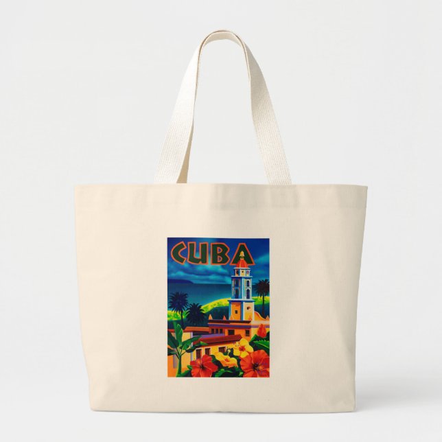 Vintage Cuba Travel Large Tote Bag (Front)