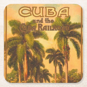 Vintage Cuban Travel - Cuba Railroad Lithograph Square Paper Coaster