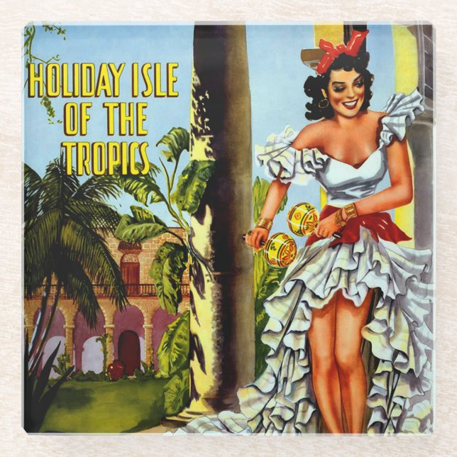 Vintage Cuban Travel - Holiday Isle Tropics Glass Coaster (Front)