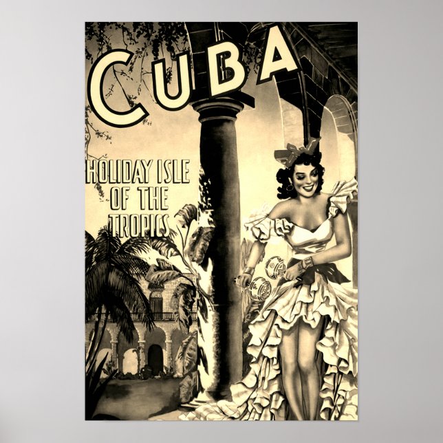 Vintage Cuban Travel - Holiday Isle Tropics Sepia Poster (Front)
