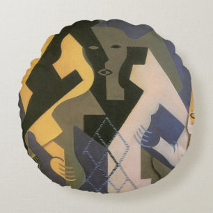 Vintage Cubism, Harlequin at a Table by Juan Gris Round Cushion