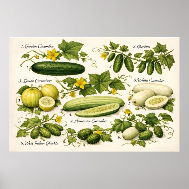 Vintage Cucumber Varieties Botanical Illustration  Poster (Front)