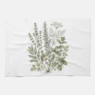 Vintage Culinary Herbs Watercolor Art Tea Towel